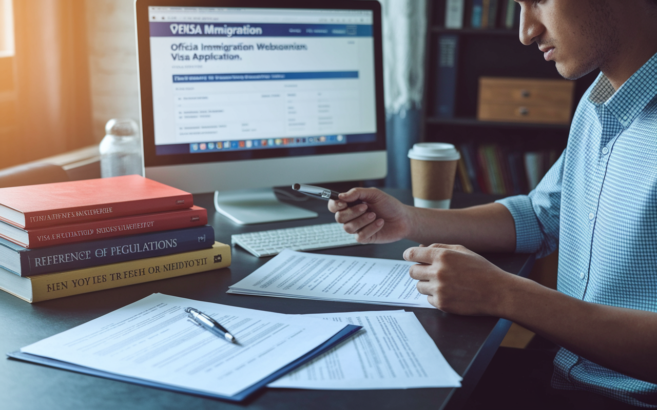 A detailed scene showing a young physician sitting at a desk cluttered with visa paperwork for the H-1B visa application. A computer screen displays official immigration websites, stacks of reference books about visa regulations, and a coffee cup beside it. The lighting is warm, creating a focused yet stressful atmosphere, highlighting the importance of the paperwork in the background.