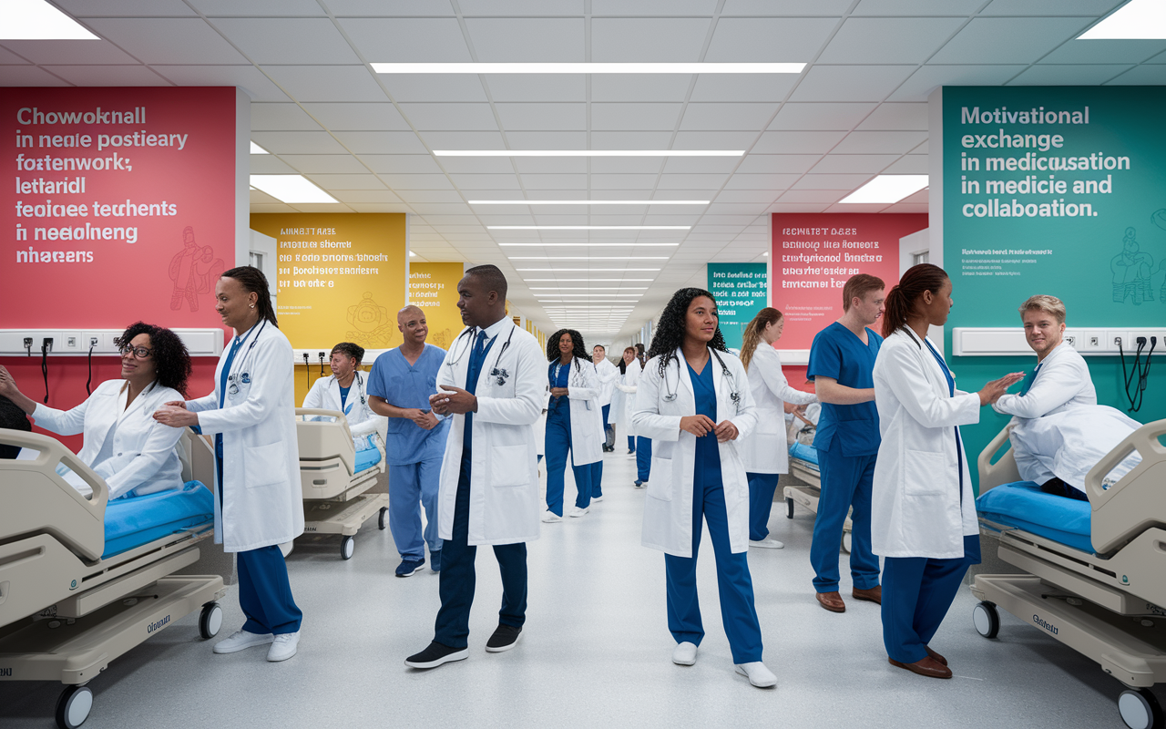 A vibrant scene in a modern hospital, with diverse international medical graduates in white coats engaging with patients and mentors during a residency program. The hospital environment is bustling, showcasing teamwork in patient care, bright colors, and motivational posters on the walls about cultural exchange in medicine, embodying hope and collaboration.