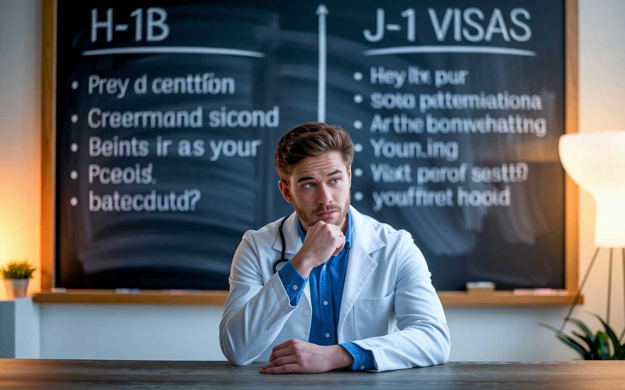 A thought-provoking scene of a young physician sitting in a thoughtfully designed office space, weighing the pros and cons of H-1B and J-1 visas. A chalkboard or whiteboard in the background displays key points from both visa categories. Ambient lighting creates a reflective mood, and the physician's expression reflects determination coupled with uncertainty about the future.