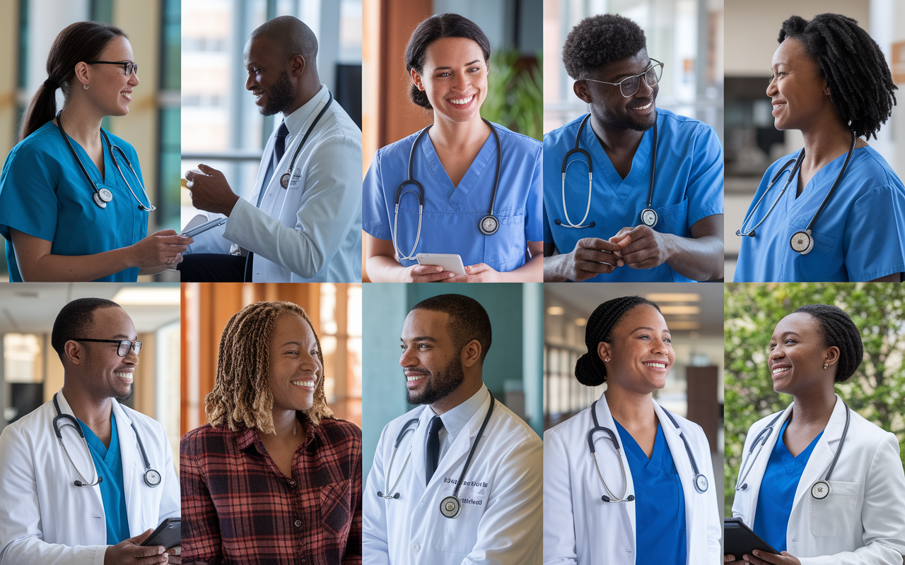 A montage of international medical graduates interacting and collaborating within a U.S. healthcare setting, showcasing diversity, compassion, and dedication. The image exhibits a blend of clinical environments, cultural exchanges, and moments of mentoring. The vibrancy of the healthcare environment coupled with supportive gestures conveys a sense of community and hope.