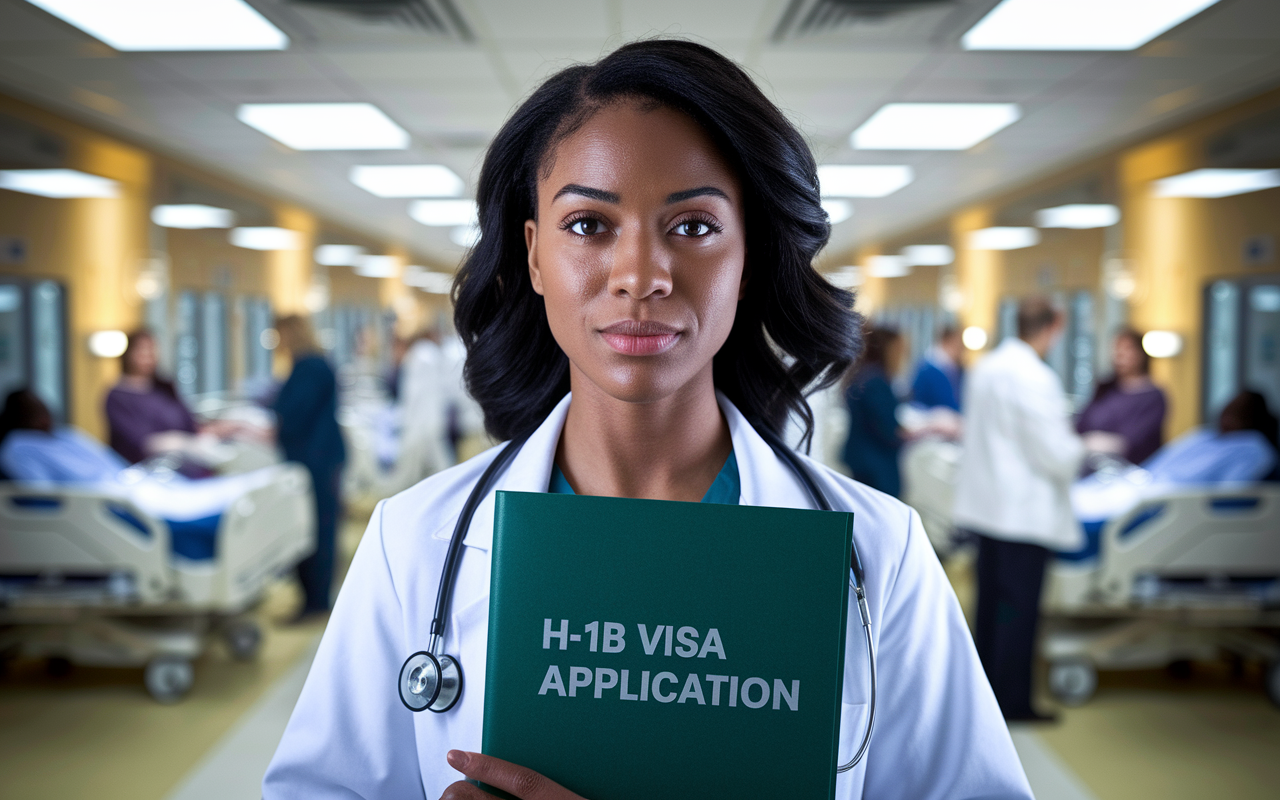 A young medical professional with dark hair in a clinical setting, holding a green folder labeled 'H-1B Visa Application'. The background features a hospital corridor with patients being treated, showcasing a dynamic medical environment. The ambiance is busy yet focused, with warm lighting highlighting the determination in the individual’s expression, embodying the pursuit of a fulfilling medical career in the U.S.