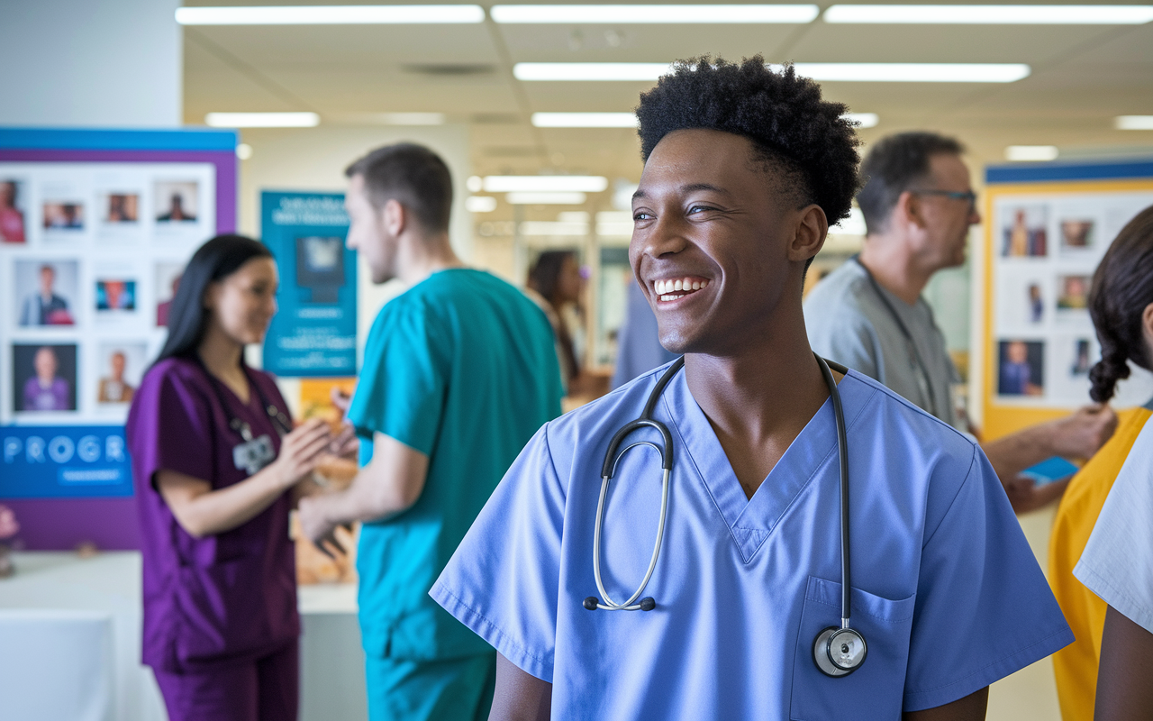 A vibrant scene of an international medical graduate in scrubs, participating in a cultural exchange training program in a hospital. The setting is lively, with diverse colleagues engaging in discussions, and posters showcasing various cultures on the walls. The lighting is bright and welcoming, reflecting a nurturing training environment. The graduate is smiling, symbolizing their excitement and the enriching experience of practicing medicine in the U.S.