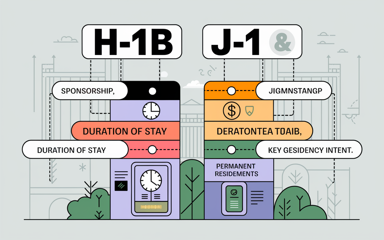 A detailed infographic-style comparison table featuring the H-1B and J-1 visas, highlighting key differences in sections like 'Sponsorship,' 'Duration of Stay,' and 'Permanent Residency Intent.' The table is visually balanced, with key icons representing each point, such as a clock for duration and a dollar sign for salary requirements. The background is softly muted to enhance readability and emphasize the important details.