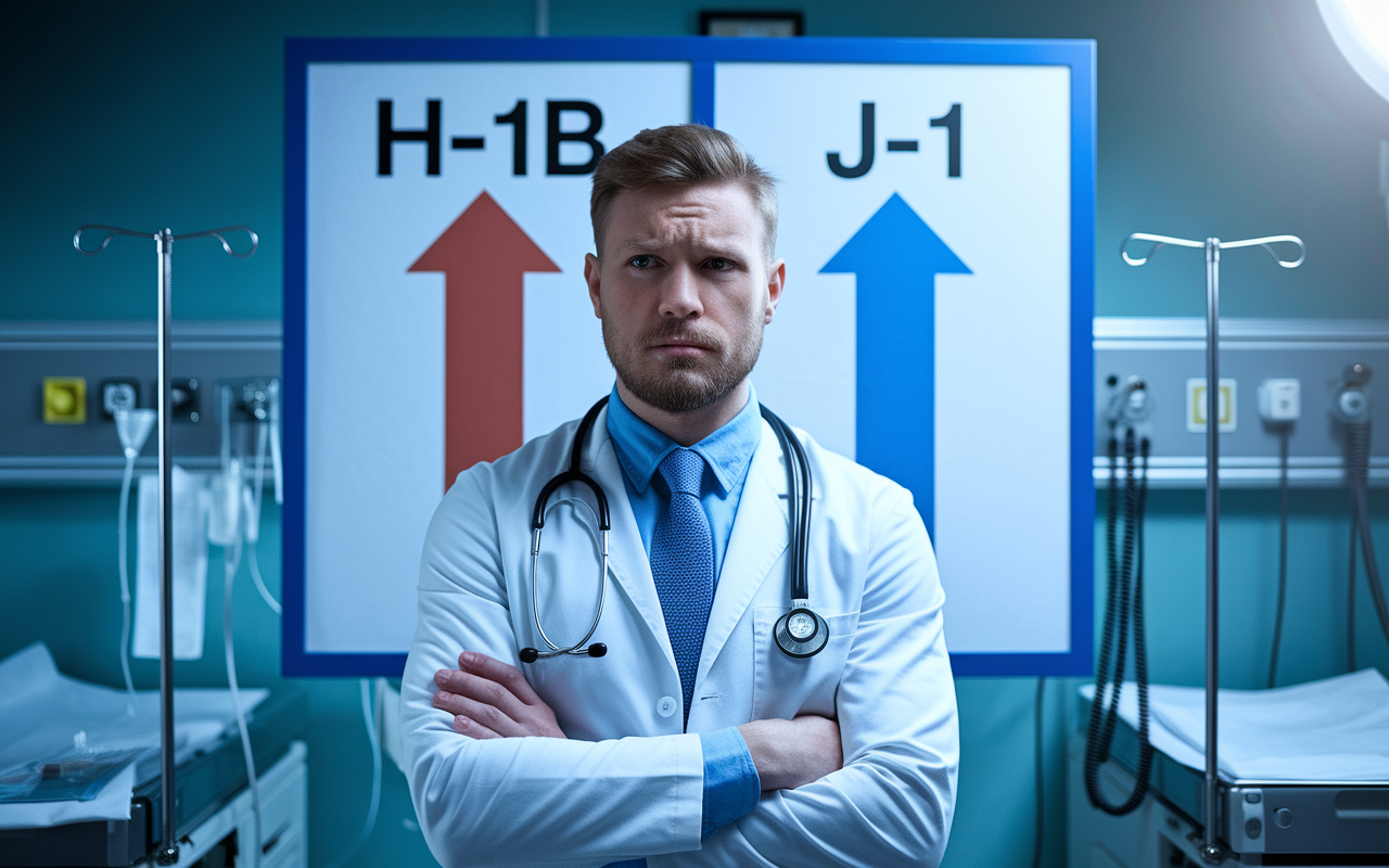 A worried IMG doctor standing in front of a large board displaying two pathways: H-1B and J-1, with arrows going in opposite directions. The backdrop features medical instruments and a hospital setting, highlighting the clinical environment. The doctor's facial expression reflects concern and thoughtfulness, while soft, diffused lighting enhances the seriousness of the moment. This scene symbolizes the critical choices faced by IMGs.