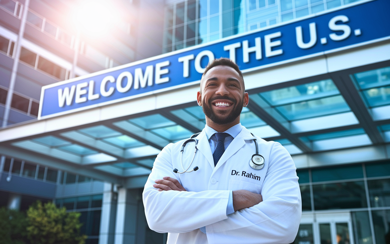 A triumphant IMG doctor, Dr. Rahim, in a white coat, standing proudly in front of a hospital with a 'Welcome to the U.S.' sign. The sun is shining positively, casting a warm glow on the doctor and the hospital. Dr. Rahim has a broad smile, symbolizing accomplishment and hope for the future. The hospital is modern and bustling, indicative of his new successful journey.