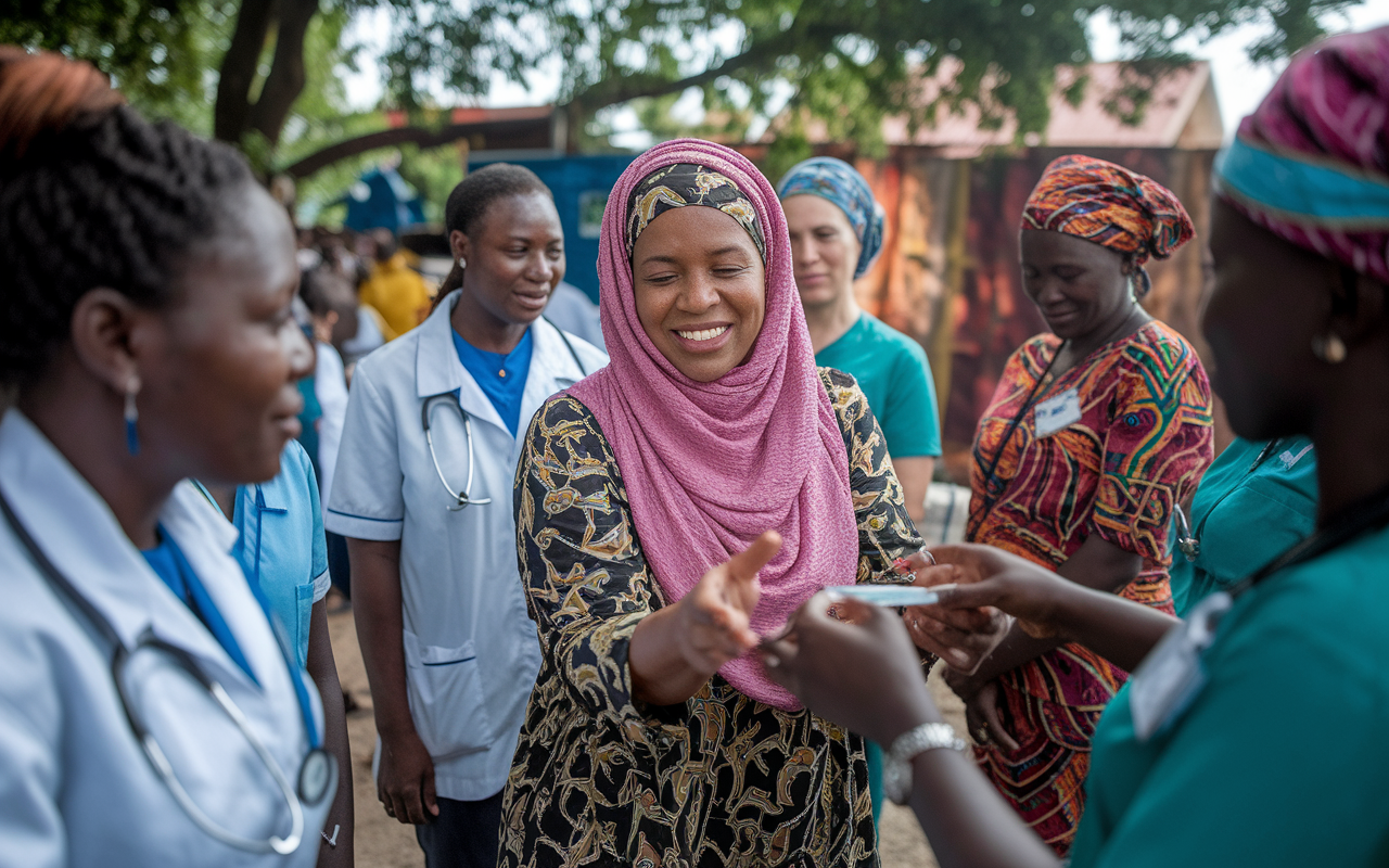 Dr. Aisha, an IMG from Nigeria, actively participating in a community healthcare initiative, surrounded by local healthcare workers and community members in an outdoor setting. The environment is filled with vibrant colors and expressions of hope. Dr. Aisha is demonstrating a health technique, symbolizing her commitment to global health and the ties to her home country. The lighting is natural and warm, emphasizing connections and cultural exchange.