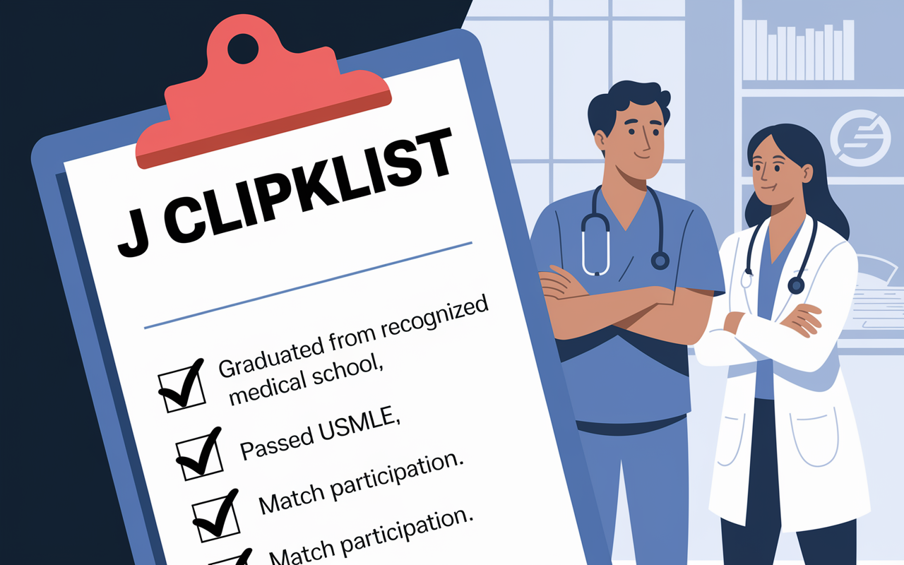 A close-up view of a checklist displayed on a clipboard, detailing J-1 Visa eligibility criteria, such as 'Graduated from recognized medical school,' 'Passed USMLE,' and 'Match Participation.' The background shows an IMG engaged in conversation with a mentor in a hospital setting, providing a sense of guidance and support.