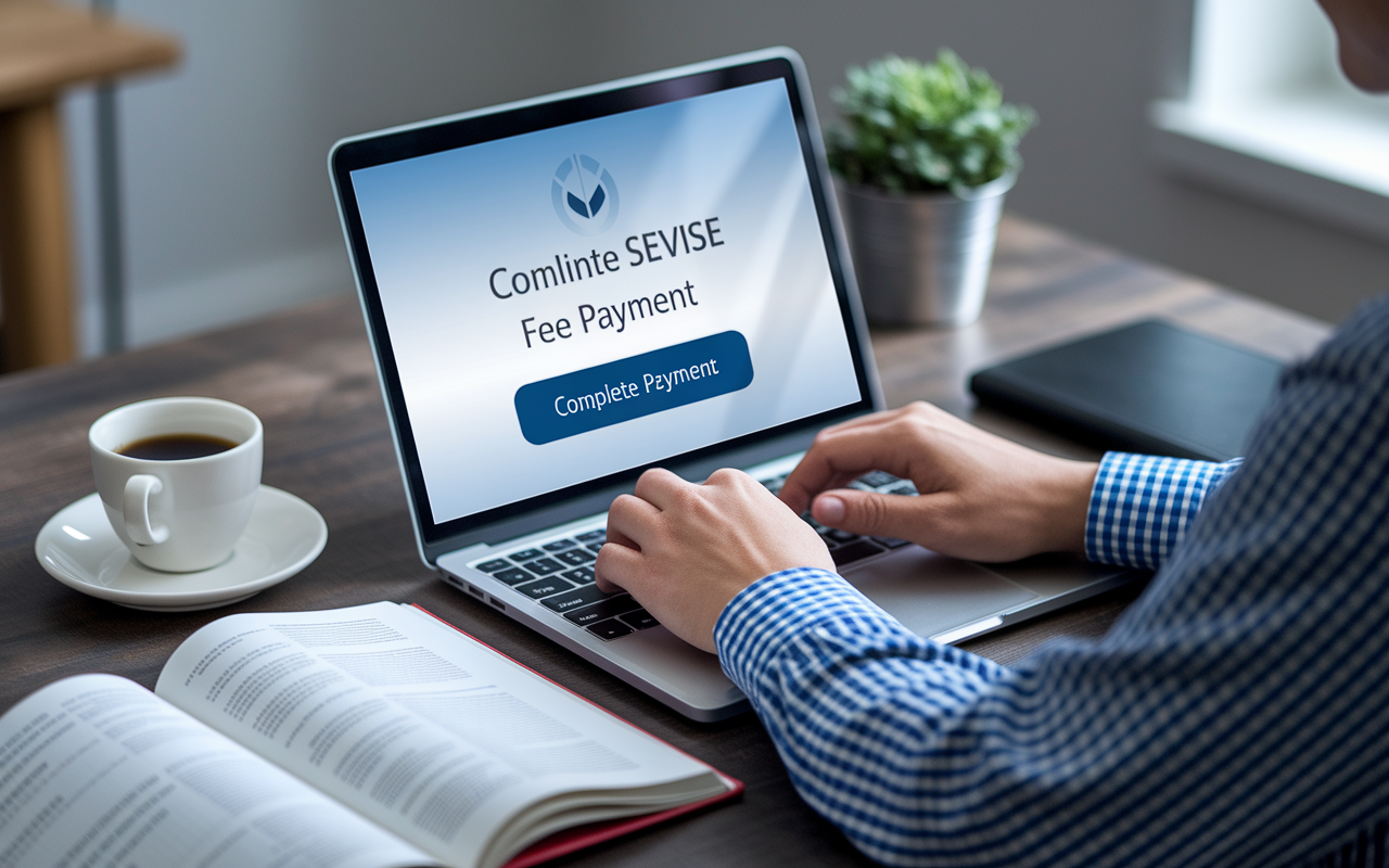 A focused individual sitting at a desk, completing the online SEVIS fee payment on their laptop. The screen shows the payment portal with a clear 'Complete Payment' button. A cup of coffee and an open medical book are on the desk, indicating preparation and commitment.