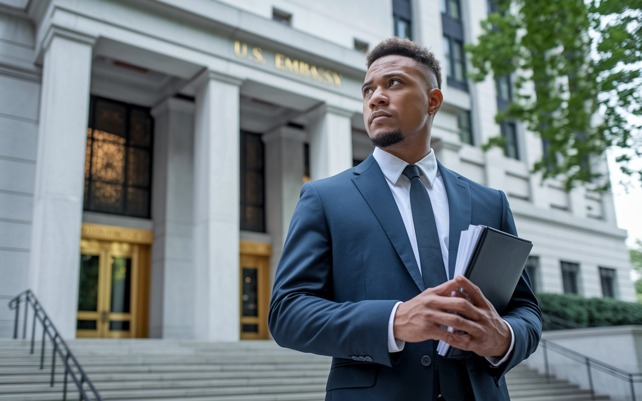 A nervous but determined IMG standing outside a U.S. embassy building, dressed in formal attire, holding important documents. The building is architecturally impressive and imposing, symbolizing the significance of the interview process. Natural lighting emphasizes the seriousness of the moment.