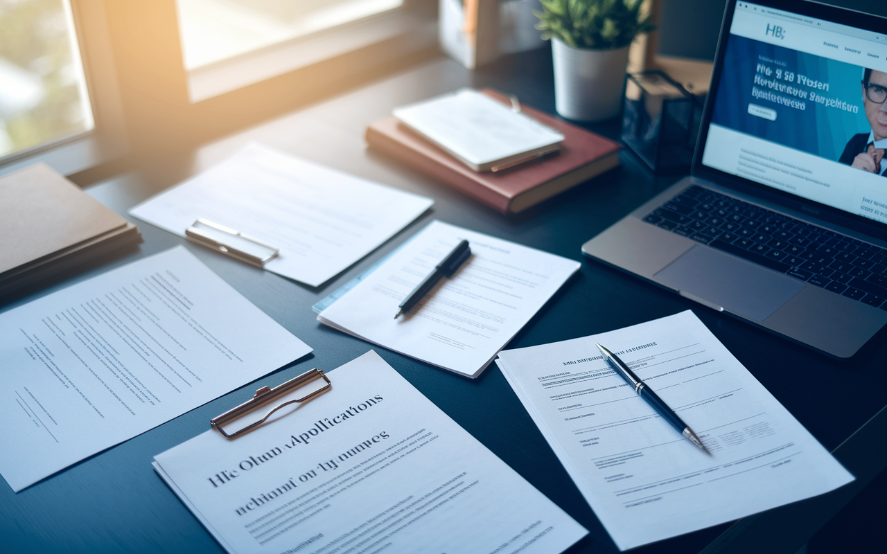 An informative scene depicting a well-organized desk with paperwork related to H-1B visa applications. Various documents like job offers, educational certificates, and medical licenses are neatly arranged alongside a laptop displaying a website about the H-1B visa process. Soft natural light streams through a window, creating a calm and focused atmosphere, highlighting the importance of organization and preparedness in the visa application journey.