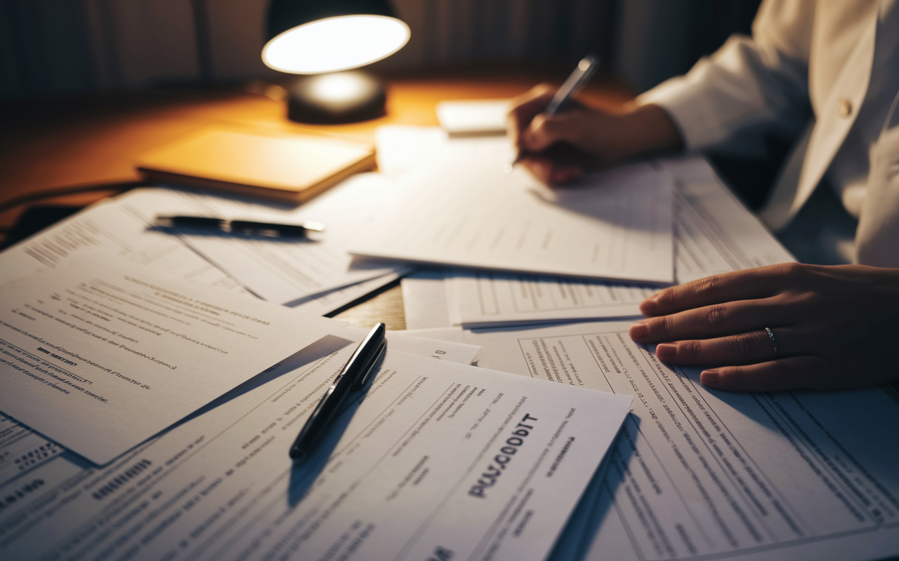 A close-up shot of a medical graduate preparing documentation for the H-1B visa application process. The image focuses on a cluttered table filled with important documents like degree certificates, ECFMG certification, and personal statements. A pen and notepad sit beside the papers, indicating active preparation. Warm evening light comes from a nearby lamp, creating an inviting and studious atmosphere, evoking dedication and professionalism.