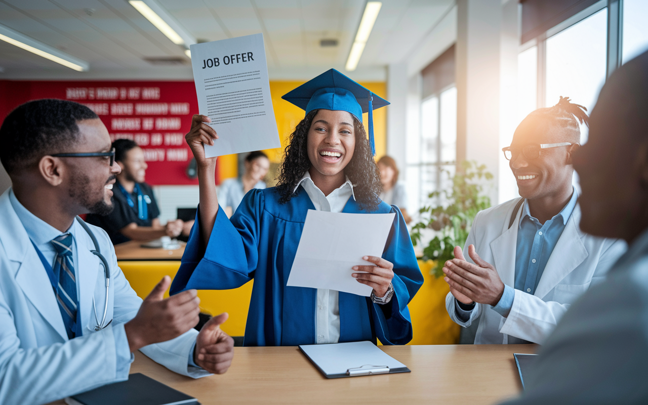 A jubilant international medical graduate joyfully receiving a job offer letter in a bustling hospital office. The graduate, wearing professional attire, holds the letter high with a look of excitement and relief. Hospital staff around, including a mentor figure, are smiling and congratulating the graduate. The office environment is warm and vibrant, with motivational decor on the walls. Bright window light enhances the positive atmosphere, symbolizing a new beginning.