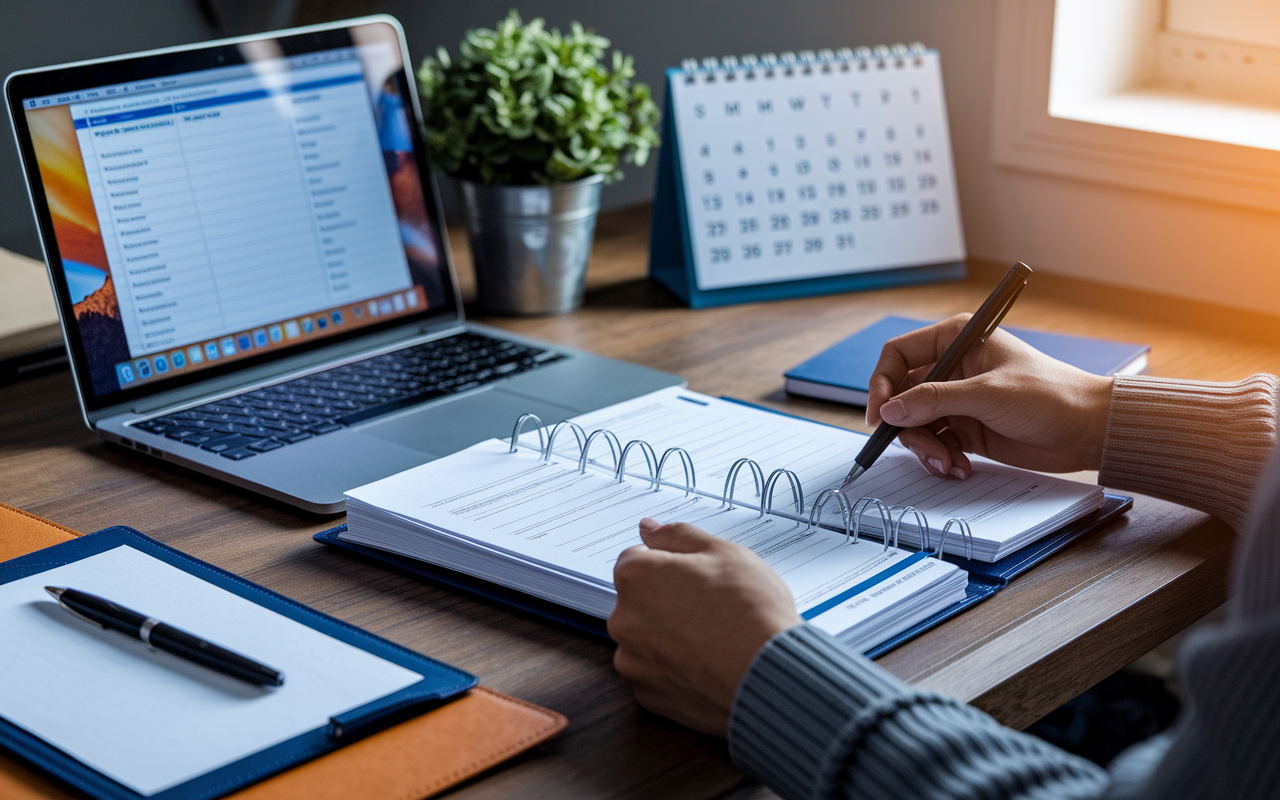 An image showing a well-organized workspace with an applicant preparing a binder for their H-1B visa application. The binder, neatly labeled with tabs for different sections like job documentation, medical credentials, and legal papers, is a representation of meticulous preparation. A laptop screen shows a checklist of required documents, and a calendar on the wall highlights important deadlines. The scene is lit with warm, motivating light, fostering a strong sense of commitment and determination.