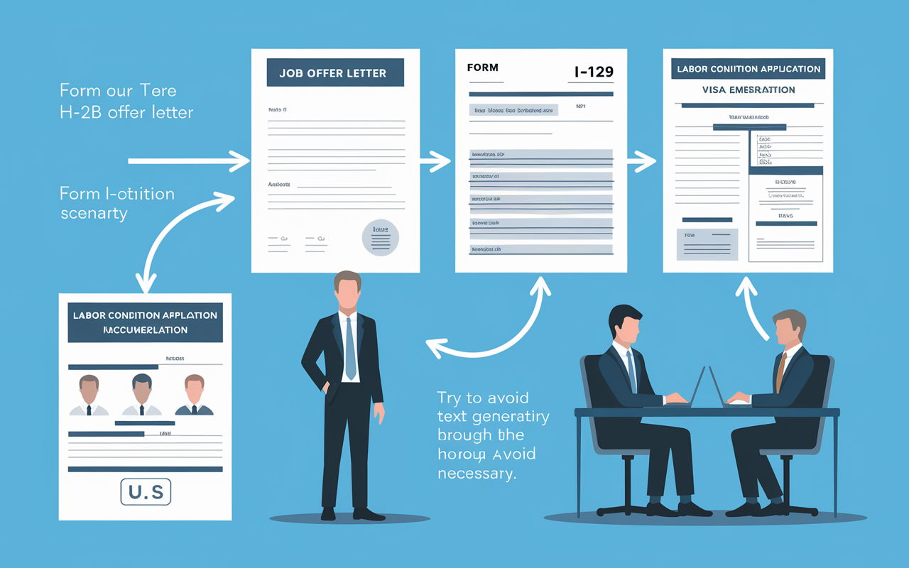 A detailed infographic illustrating the step-by-step process of applying for an H-1B visa. It features visuals of a job offer letter, the Form I-129 petition, Labor Condition Application documents, and a visa interview scenario at a U.S. embassy. The design includes arrows and clear labels to guide viewers through the process, accompanied by a serious yet hopeful tone.