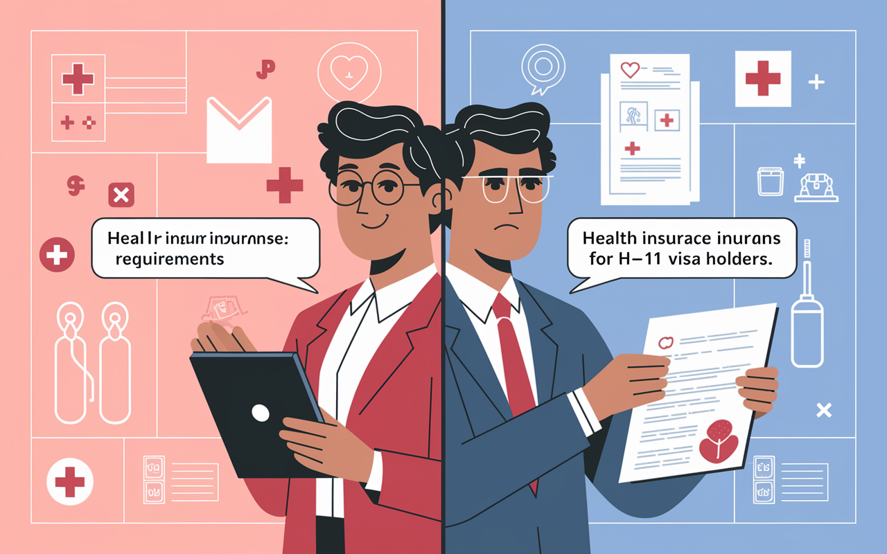 A split-screen illustration showing two scenarios for health insurance requirements for H-1B and J-1 visa holders. On one side, a smiling IMG reviewing health insurance options with an employer, and on the other, a concerned IMG discussing health insurance regulations with an advisor. The background highlights medical symbols and insurance paperwork, capturing the importance of health coverage.