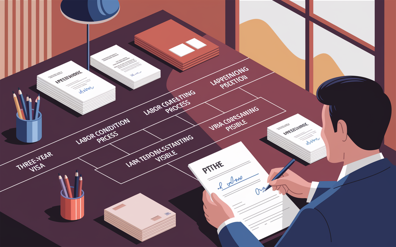 An illustration of the H-1B visa application process with labeled steps. Depict a U.S. employer at a desk reviewing a Labor Condition Application, stacks of paperwork symbolizing the petition filing process, and the signature of approval visible. A visual timeline showing the three-year visa duration and extension possibilities creates a clear understanding of the path to employment for an IMG. Use a clean, professional layout with warm lighting to evoke a sense of hope and purpose.