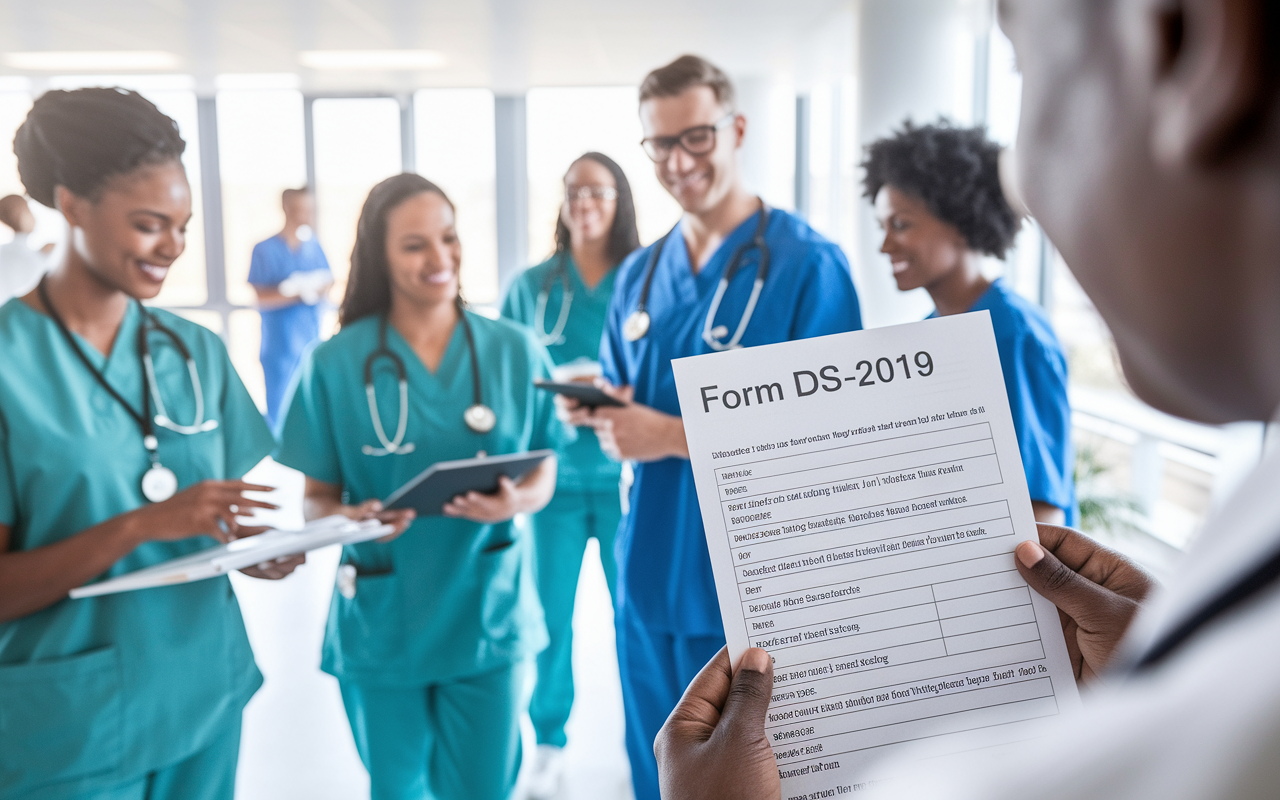 A vibrant scene showing a diverse group of medical professionals in a bright, modern hospital setting. One IMG is engaged in a training session, while another holds a Form DS-2019, symbolizing the J-1 visa process. The atmosphere is collaborative, with mentorship happening and cultural exchange being celebrated, conveying the idea of growth and opportunity in U.S. medicine. Soft lighting creates an inviting environment.