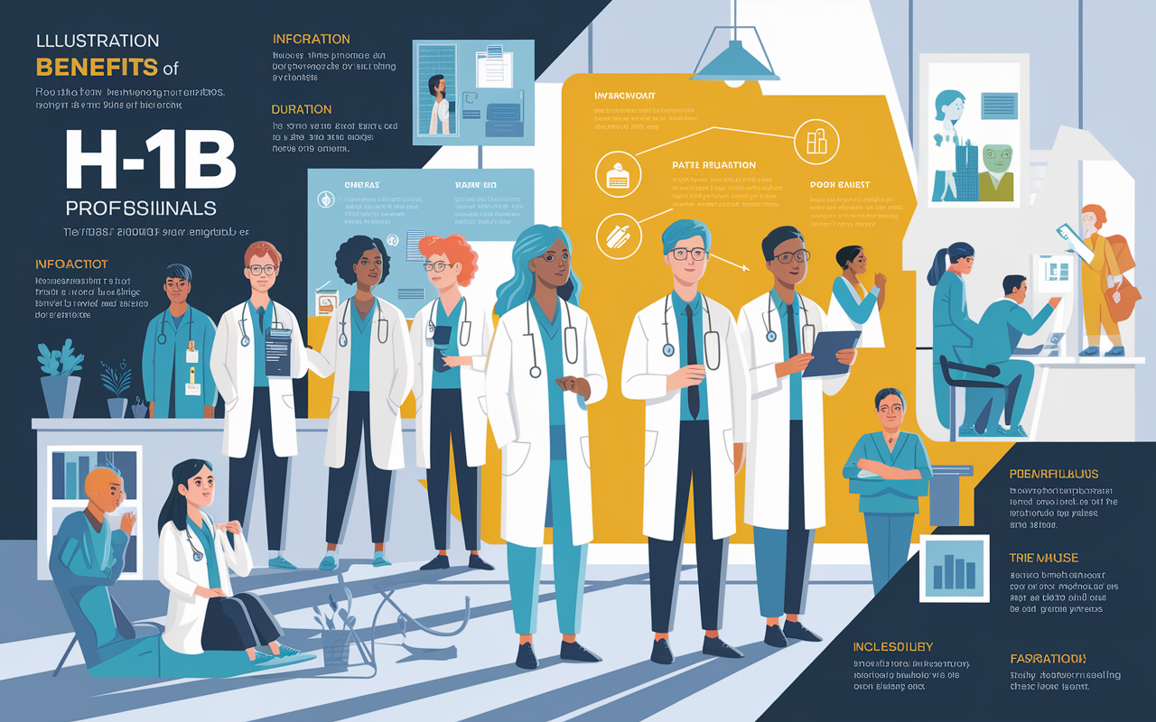 A detailed illustration showcasing the benefits of the H-1B visa for medical professionals. The image portrays a diverse group of doctors interacting in a bright, modern hospital environment, emphasizing teamwork and job flexibility. Infographics highlight key aspects like duration, path to Green Card, and family inclusion in an engaging way. The scene is vibrant and filled with natural light, projecting a sense of hope and possibility for IMGs.