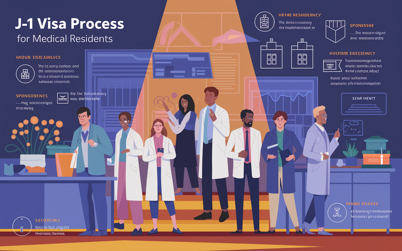 An educational depiction of the J-1 visa process for medical residents. The illustration features a diverse set of scholars in a research lab, engaging in cultural exchange and collaboration. Infographics outline the pros, cons, and unique features of the J-1 visa, such as the home residency requirement and sponsorship. The atmosphere is one of academic rigor and camaraderie, with warm, ambient lighting enhancing the spirit of innovation in the environment.