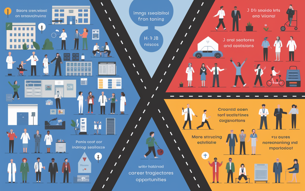 A visualization representing career flexibility for IMGs under the H-1B and J-1 visas. The scene shows two paths diverging from a crossroads, with one leading to a vibrant hospital environment filled with diverse staff in various medical settings, representing the H-1B option; and the other leading to a more structured environment with cultural elements related to J-1 visa training. Bright, contrasting colors depict the different career trajectories available, symbolizing decisions and opportunities.