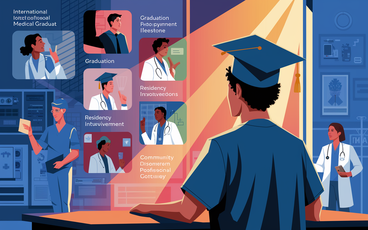 An inspiring scene depicting an International Medical Graduate reflecting on their journey in the U.S. medical field, showing a collage of important milestones: graduation, residency interviews, and community service involvement. The background captures the essence of the medical environment with various hospital settings and medical professionals. The atmosphere is uplifting and filled with hope, illustrated through warm sunlight streaming in, symbolizing future possibilities in their career.