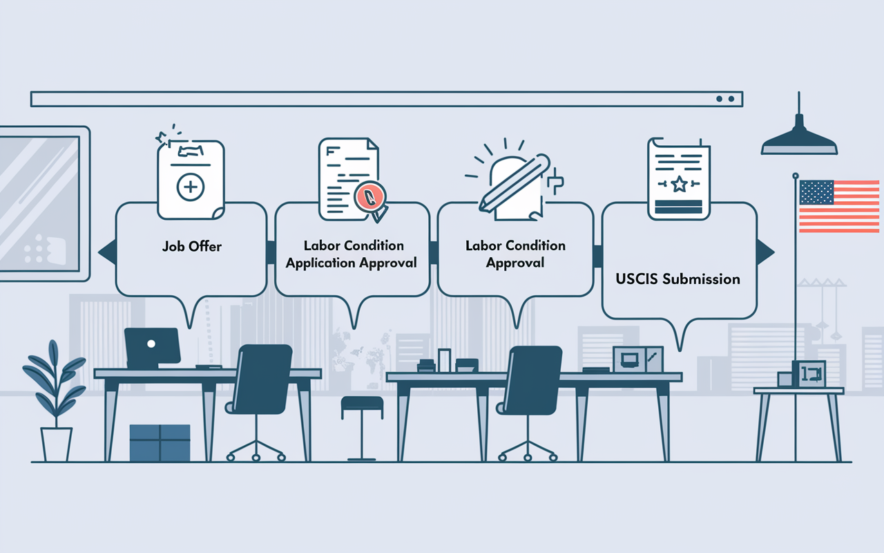 A visual representation of the H-1B visa application process, featuring a step-by-step flowchart with key milestones such as 'Job Offer', 'Labor Condition Application Approval', and 'USCIS Submission'. Elements include symbolic icons like a job offer letter, a filing document, and a U.S. flag, all set against a streamlined background of a modern office. Professional color scheme with crisp lines and easy-to-read typography.