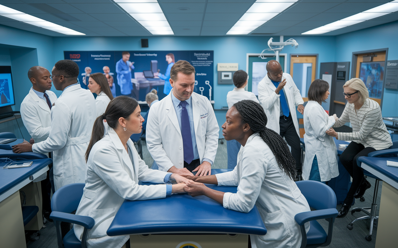 A dynamic scene within a U.S. medical training facility, showcasing IMGs in a hands-on clinical training scenario. Doctors in white coats interact with patients, while diverse medical professionals collaborate during a workshop in a well-lit simulation room. The atmosphere is focused yet supportive, with educational posters and advanced medical equipment in the background, embodying innovation and learning.