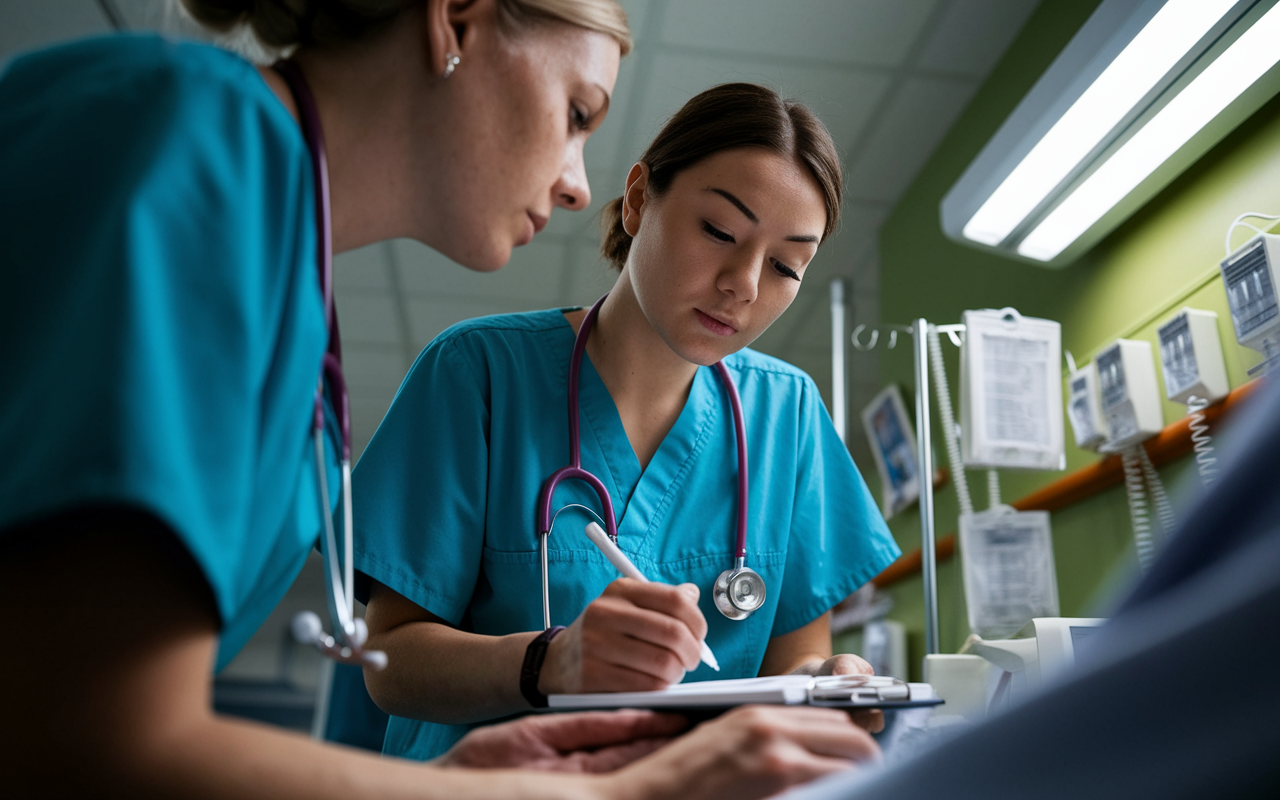 A close-up scene depicting an aspiring medical volunteer assisting a nurse at a hospital. The volunteer is carefully taking notes while observing a nurse check the vital signs of a patient. Various medical tools and equipment surround them, and the focused expressions of both the nurse and the volunteer highlight the importance of learning and participation in patient care. Fluorescent lighting casts a sterile yet warm glow over the clinical environment.