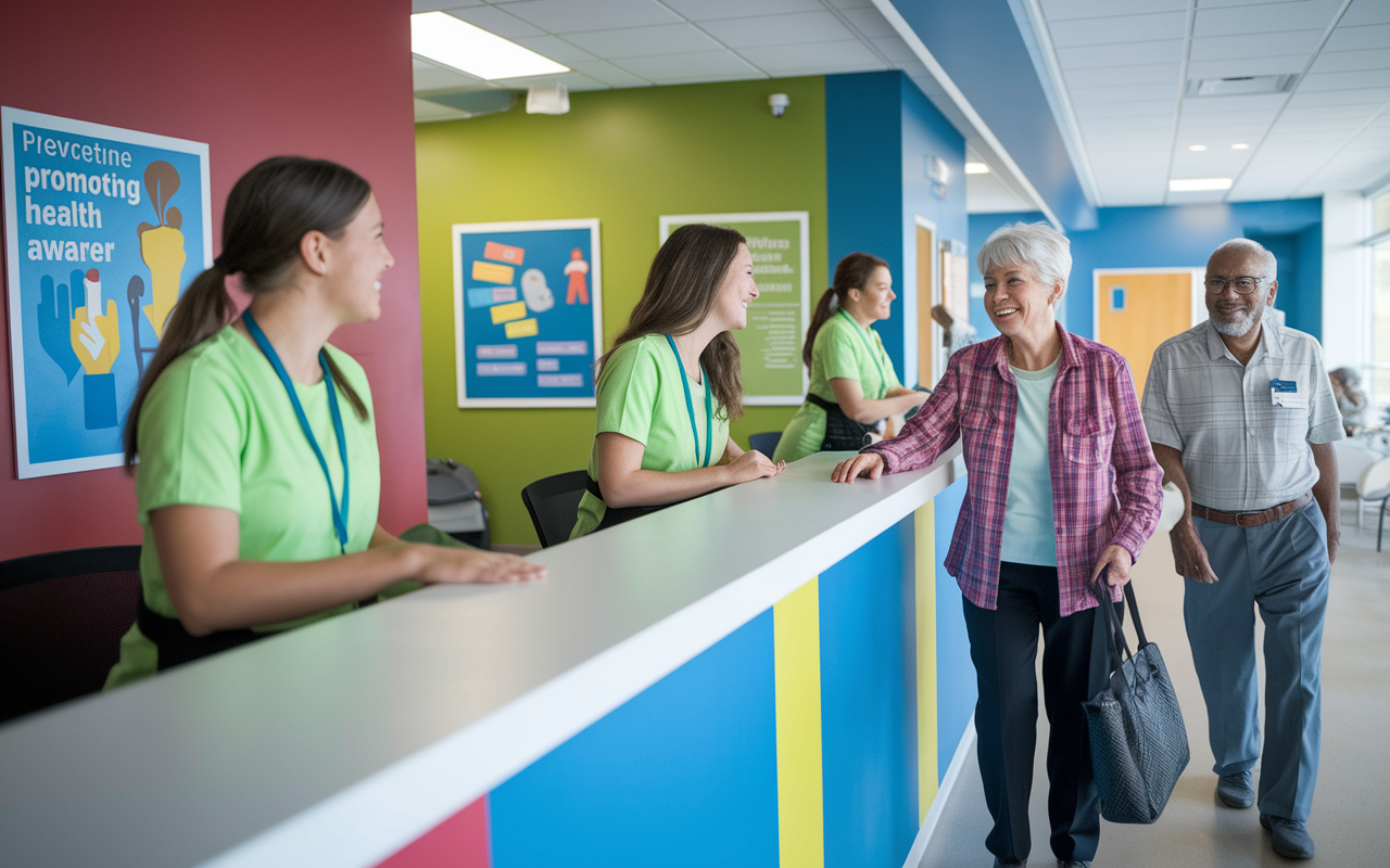 A vibrant community health center where volunteers are greeting patients at the reception desk. The atmosphere is welcoming, with colorful posters promoting health awareness on the walls. Volunteers are seen helping elderly patients navigate the waiting area. Dynamic lighting highlights the cheerful expressions of both volunteers and patients, showcasing community spirit and compassion in healthcare.