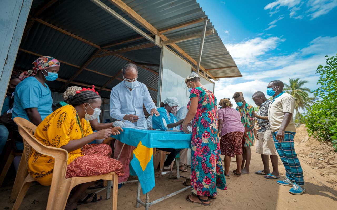 A volunteer actively participating in a health clinic set in a rural community. The scene captures vibrant local culture with healthcare professionals and community members gathered around a makeshift clinic. Patients in colorful attire are receiving medical consultations. Natural light cascades over the scene, emphasizing the collective effort in addressing public health challenges under a clear blue sky.