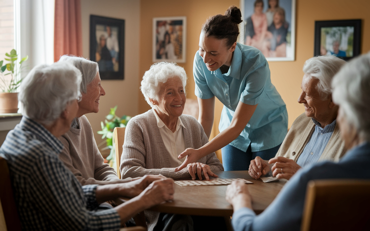 An intimate scene of a volunteer engaging with elderly residents in a cozy nursing home. The setting boasts soft lighting and warm colors, with residents participating in a group game. A volunteer is gently helping one resident, their facial expressions showing deep empathy and connection. Pictures of family and smiles fill the room, conveying a sense of community and care.