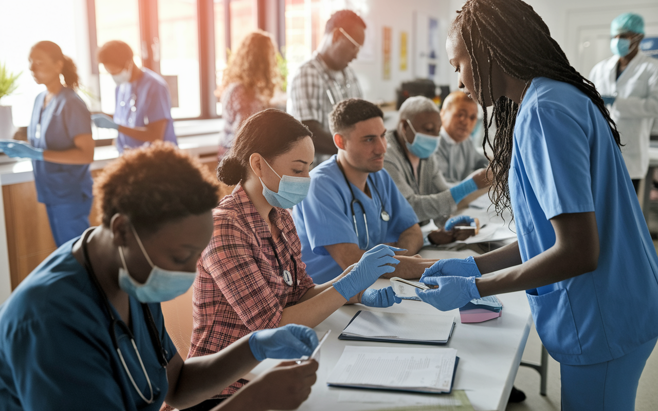 An engaging scene in a free clinic where volunteers assist healthcare professionals with patient intake. The environment is bustling with diverse individuals receiving care. The warm lighting emphasizes the volunteers’ diligence and the camaraderie among healthcare providers and community members as they work together to address health needs.