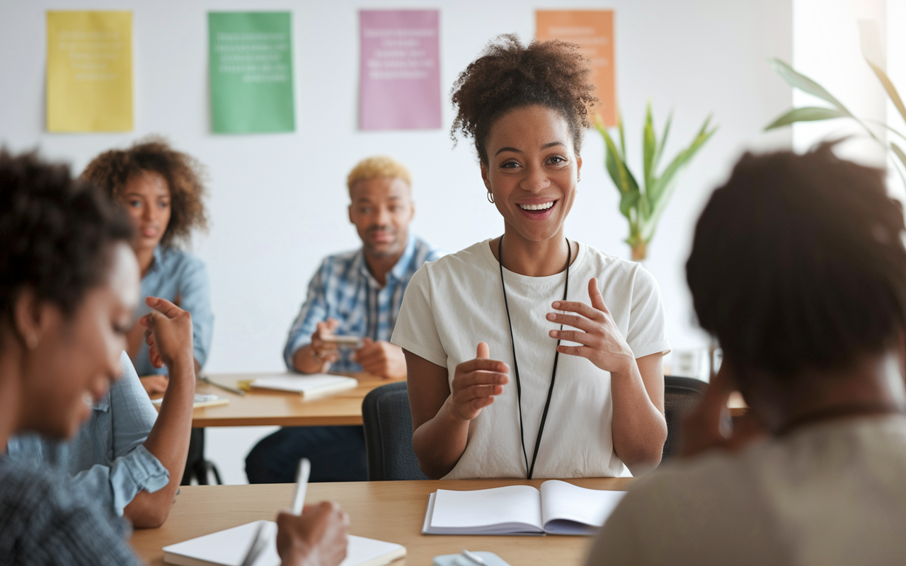 A passionate volunteer facilitating a mental health workshop, guiding participants in a supportive atmosphere. The room is bright and welcoming, adorned with encouraging posters. Attendees are engaged, sharing thoughts and experiences, with expressions of understanding and empathy. The lighting is warm and soft, enhancing the feeling of safety and openness.