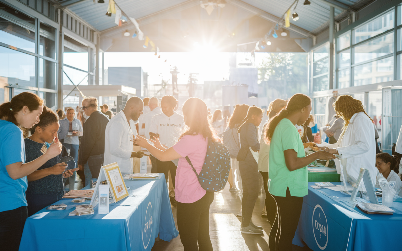 A vibrant outreach clinic where volunteers actively engage with community members from diverse backgrounds. The setting features educational booths and volunteers providing healthcare information. The atmosphere is lively and inclusive, filled with interaction. Bright sunlight streams in, symbolizing hope and support for underserved populations as healthcare services are offered.