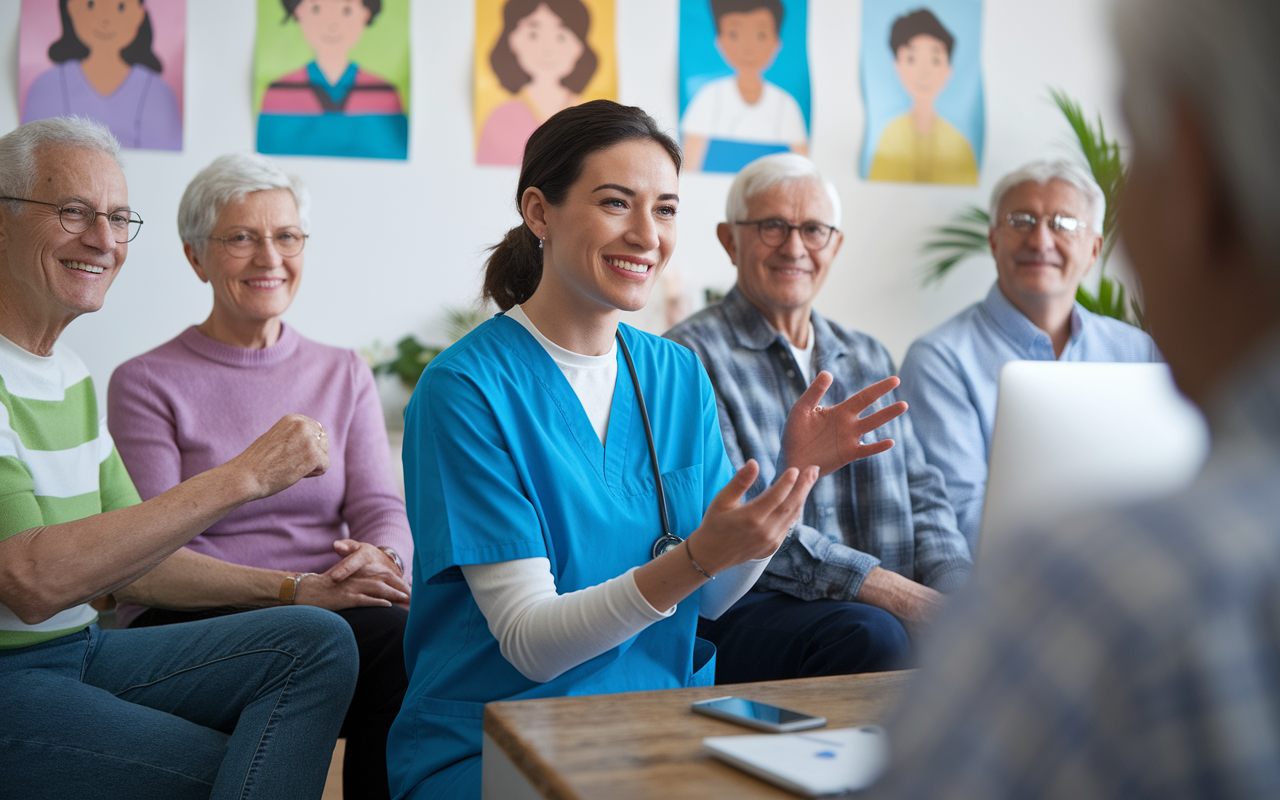 A volunteer conducting a telehealth session with seniors, seated in a well-lit room decorated with friendly posters around them. The volunteer patiently explains how to use technology for virtual consultations, conveying warmth and support. The seniors appear engaged and curious, showcasing the importance of adaptability in modern healthcare.