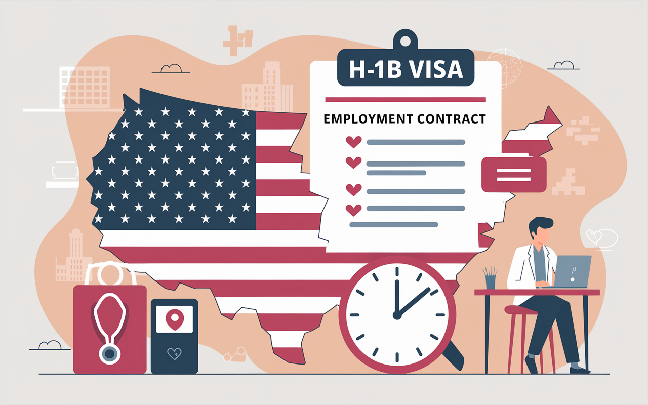 A visual representation featuring elements symbolic of the H-1B visa, including a U.S. map, an employment contract, and a clock indicating the duration of sponsorship. There should be imagery of a hospital and a medical professional at work in the background, creating an association with medical specialties. The design should convey a sense of opportunity and structure in the healthcare field, with soft focus and a warm color palette.