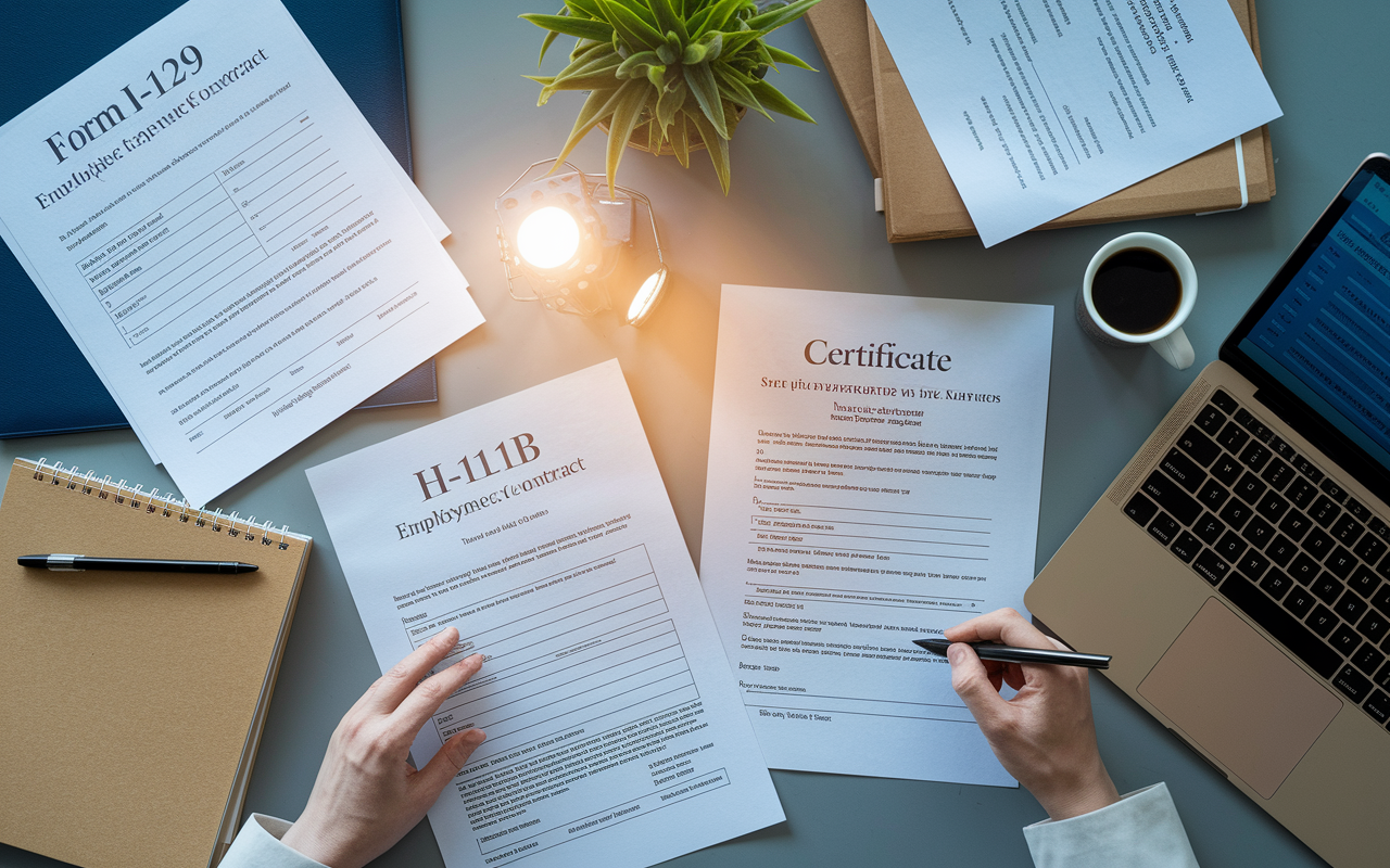 An organized desk cluttered with documents representing the H-1B visa application process, including Form I-129, an employment contract, and a certificate. Highlight a medical degree displayed on the desk, with a soft light illuminating the papers, suggesting meticulous preparation. There should be a sense of urgency and determination, reflected through a coffee cup and a laptop showing medical statistics.