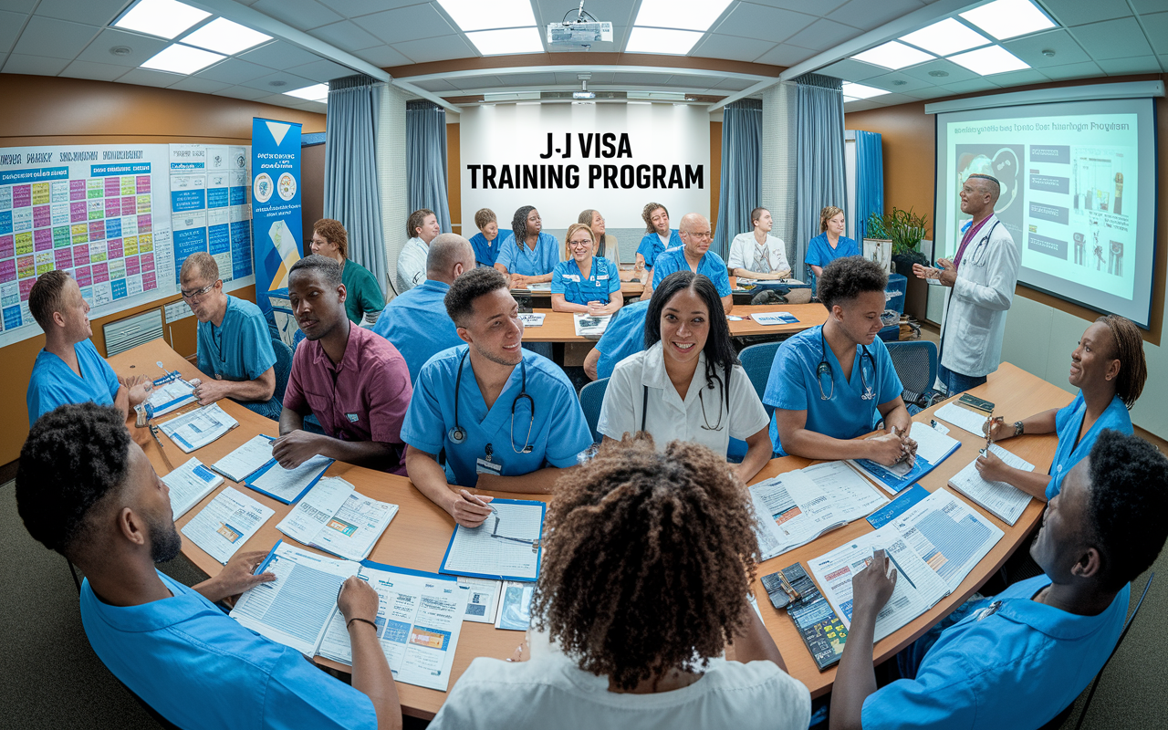 A scene depicting a diverse cohort of IMGs engaged in a lively seminar at a healthcare facility, with a banner displaying 'J-1 Visa Training Program' in the background. The room is filled with medical charts, a projector showing relevant information, and engaged participants taking notes. The lighting is bright and focused on a presenter, conveying an atmosphere of learning and motivation.