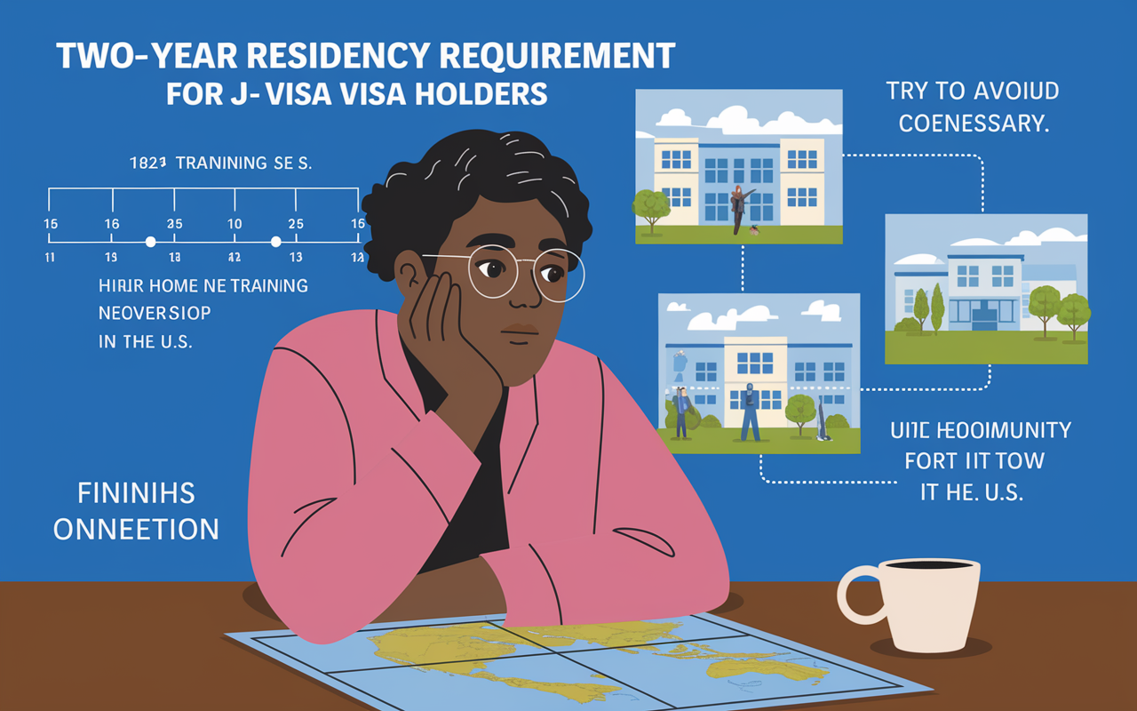 An informative graphic illustrating the two-year home residency requirement for J-1 visa holders. The scene should depict an IMG looking pensively at a map of their home country and a timeline showing their training period in the U.S. The backdrop should include visuals of their training experiences, like hospitals and community service in the U.S.