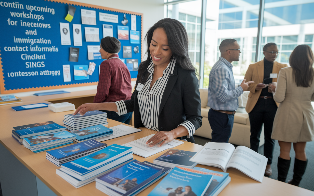 A well-organized resource center where IMGs are browsing through guides and pamphlets related to visa compliance. The center is vibrant and welcoming, with a bulletin board displaying upcoming workshops and contact information for immigration attorneys. There are other IMGs engaged in discussion, reflecting a sense of community and shared purpose.