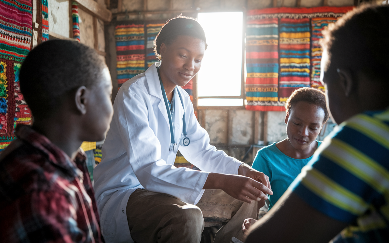 A compassionate young physician volunteering in a rural clinic in Africa. The scene captures them interacting with local families, providing medical assistance amidst a backdrop of vibrant community life. Sunlight pours through a window, illuminating the physician's focused expression as they tend to a patient. Colorful local art decorates the walls, showcasing the cultural richness and community spirit of the area, evoking warmth and connection.