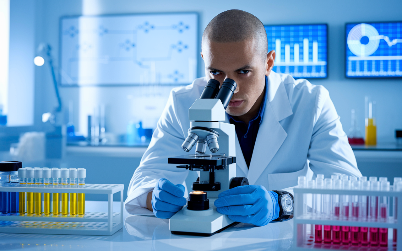 A focused medical researcher in a modern lab setting, observing through a microscope. The lab is filled with advanced technology, chemical formulas on whiteboards, and vials of test samples. Soft, sterile lighting highlights the determination in the researcher's eyes, and a sense of curiosity envelops the atmosphere as charts and data are displayed on screens in the background, symbolizing the pursuit of knowledge.