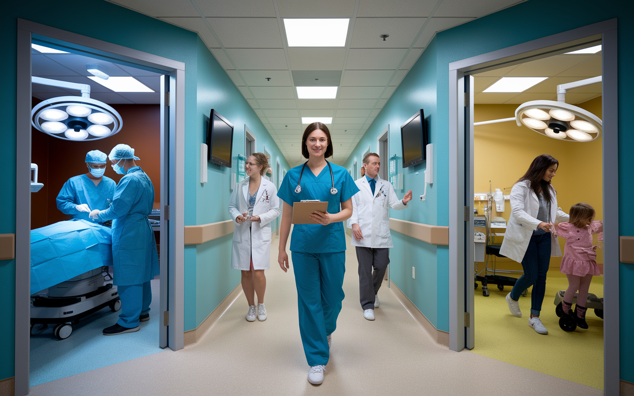 A young medical student walking through a hospital hallway, surrounded by specialists in action. In one room, a surgeon is performing an operation, while in another, a pediatrician interacts with playful children. The glow from overhead lights contrasts with the natural light filtering through large windows, creating an atmosphere of learning and exploration, as the student observes and takes notes on a clipboard.