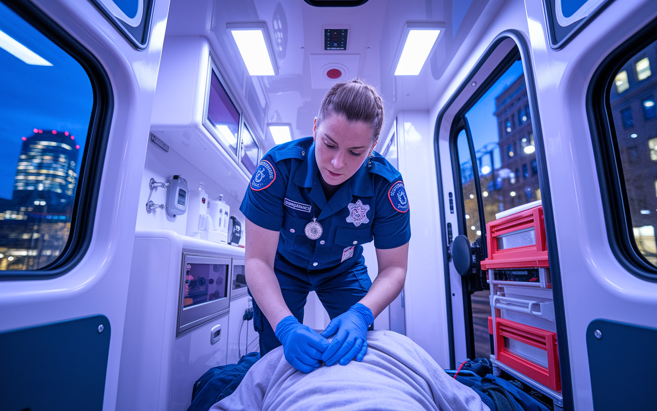 An Emergency Medical Technician (EMT) in uniform, responding to an emergency call. They are seen helping a patient in an ambulance with medical equipment surrounding them, while a vibrant cityscape can be seen through the open doors. The EMT's focused expression under bright lights conveys urgency and professionalism, capturing the essence of real-world medical care.