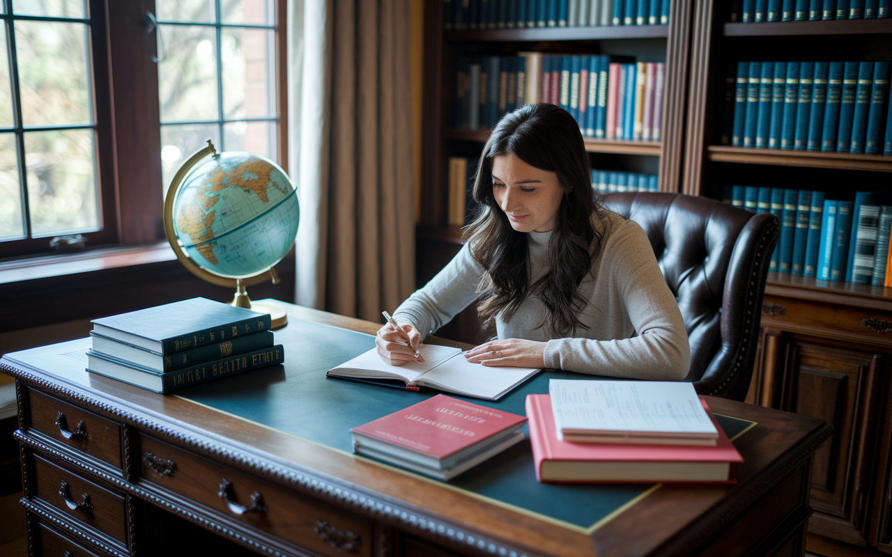 A student seated at a large oak desk in a cozy study room, surrounded by textbooks on public health and medical ethics. A globe and historical medical texts add to the ambiance. Natural light pours in through the window, creating a warm, inviting atmosphere as the student reviews notes and highlights key topics, symbolizing the pursuit of knowledge and growth.