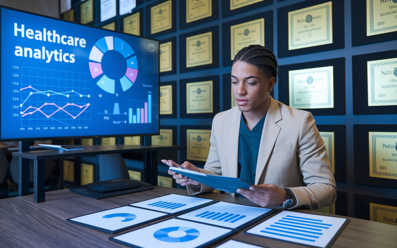 A young professional reviewing healthcare documents and strategies in a contemporary office space filled with industry award certificates. A large screen displays healthcare analytics graphs, demonstrating analytical insights. The atmosphere is vibrant with energy, illustrating the intersection of healthcare and business, as the professional brainstorms strategies for improvement.