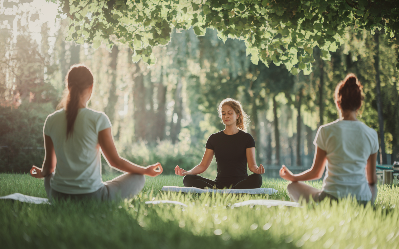 A serene setting of a mindfulness workshop taking place in a peaceful outdoor garden, with participants practicing meditation under the guidance of a compassionate instructor. The environment is lush with greenery, and warm sunlight filters through the leaves, creating a tranquil atmosphere that encourages reflection and mental well-being.