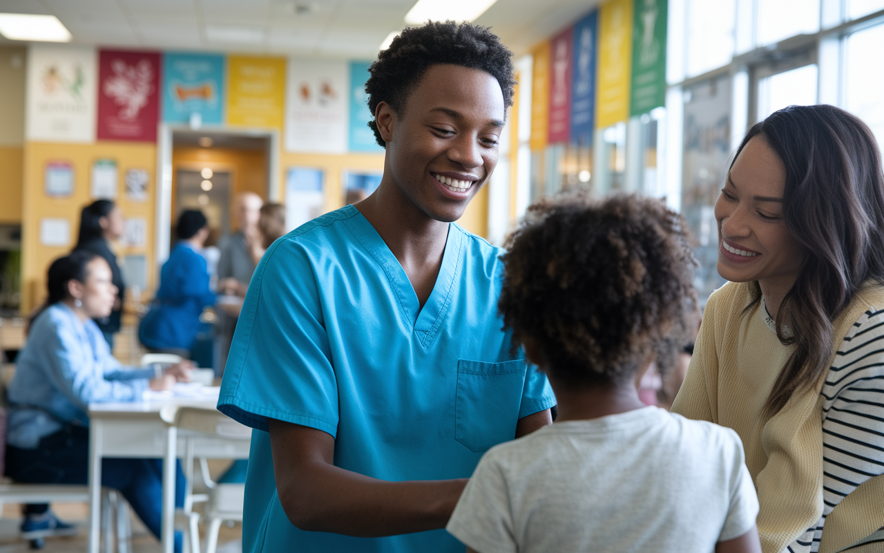 A compassionate medical student wearing scrubs, interacting with a young child and their family at a community health clinic. The clinic is bustling with activity, colorful educational posters on the walls, and a warm atmosphere. Natural light filters through the windows, giving a sense of hope and care. The student is smiling, demonstrating empathy and engagement, making the scene feel heartwarming and inspirational.