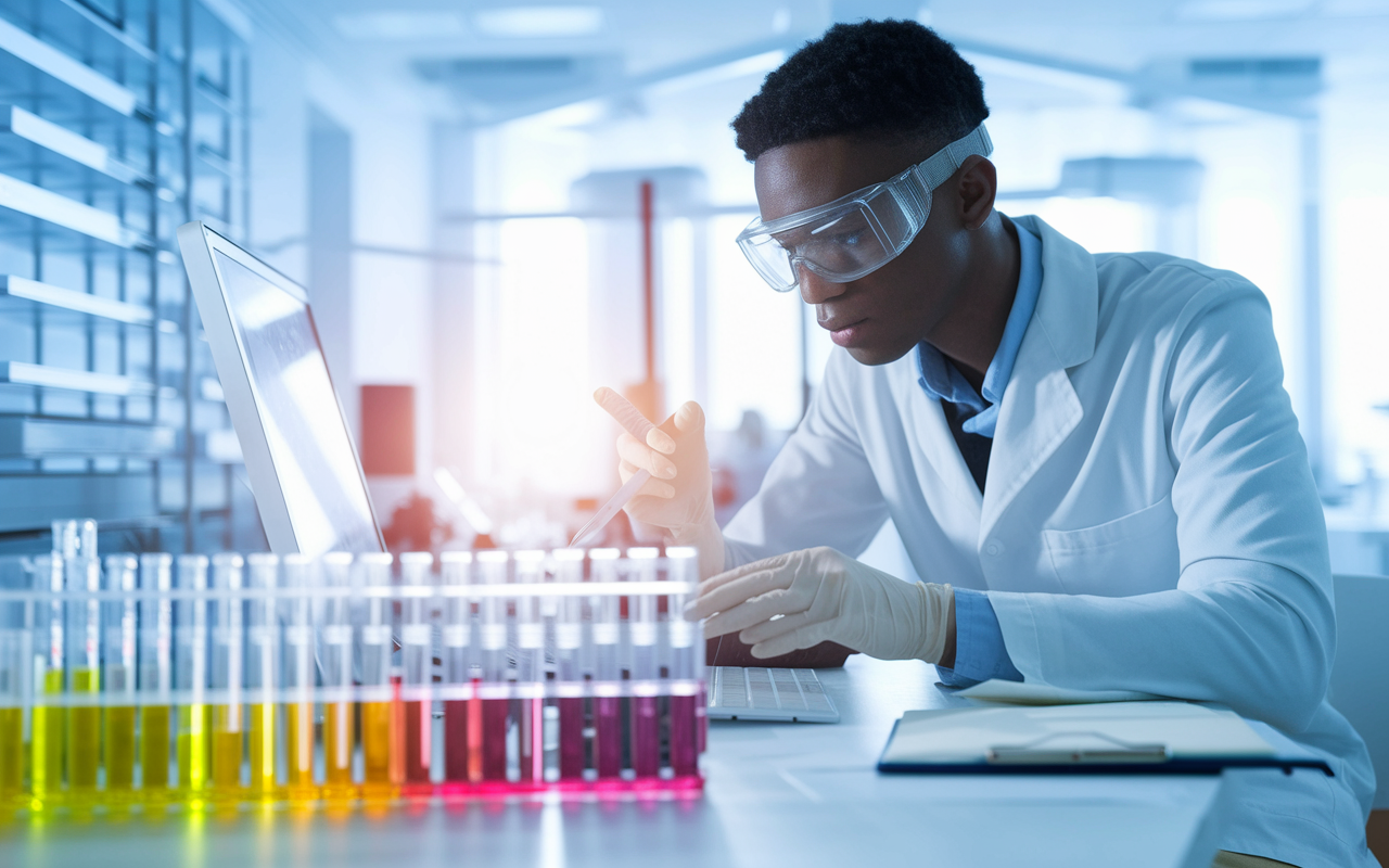 A focused medical student diligently working in a bright laboratory, surrounded by advanced research equipment and test tubes filled with colorful liquids. The student is wearing a lab coat and goggles, immersed in analyzing results on a computer screen. Soft, diffused lighting creates an atmosphere of discovery and innovation, emphasizing the pursuit of knowledge in medicine.