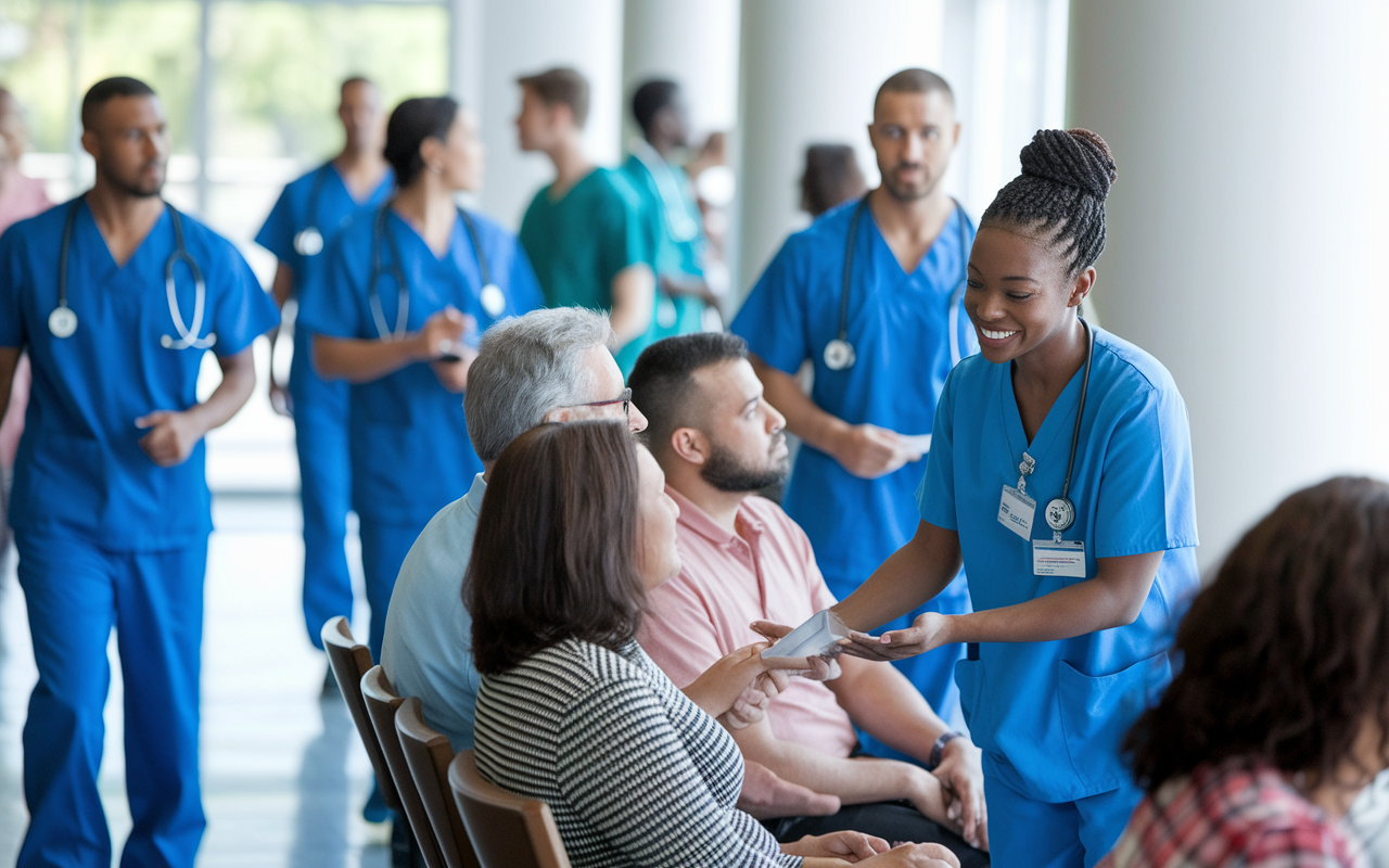 A busy hospital scene where a medical assistant is interacting with patients in a brightly lit waiting area. The diverse group of patients presents a sense of community, showcasing various ages and backgrounds. Medical staff in scrubs move efficiently in the background, highlighting the dynamic and vibrant environment of healthcare. The atmosphere conveys a sense of urgency and care, embodying the critical role of clinical experience in medical training.